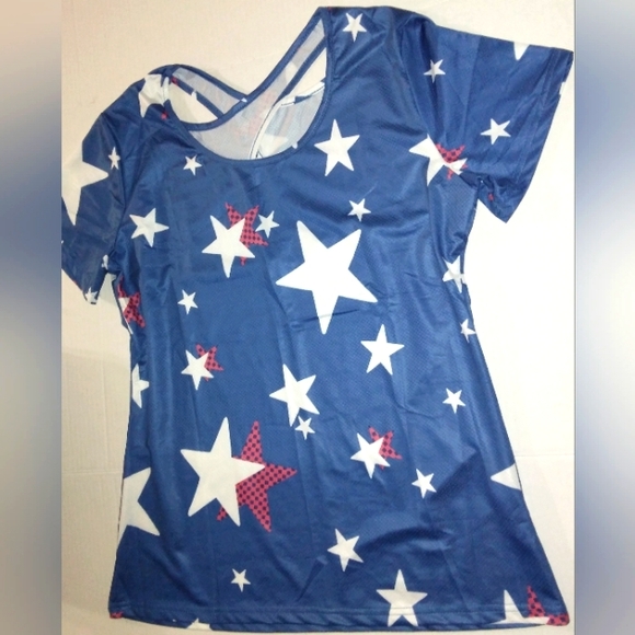 ☆NWT☆Women's Crisscross Back Moisture Wicking Star Print Short Sleeve Yoga Tee★ - Picture 5 of 11